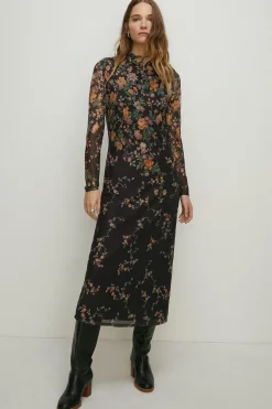 Clearance Oasis Floral Border Print Mesh Funnel Neck Midi Black
