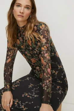 Clearance Oasis Floral Border Print Mesh Funnel Neck Midi Black