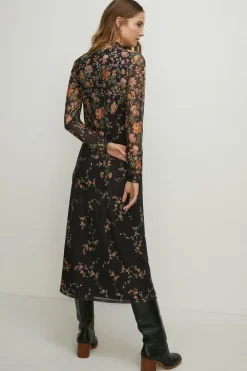 Clearance Oasis Floral Border Print Mesh Funnel Neck Midi Black