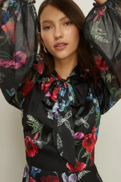 Online Oasis Floral Bow Balloon Sleeve Skater Dress Black