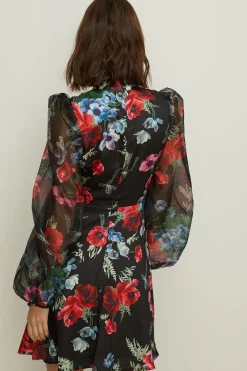 Online Oasis Floral Bow Balloon Sleeve Skater Dress Black