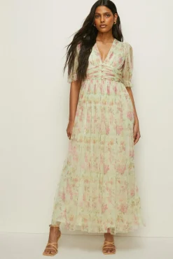 Sale Oasis Floral Button Detail Mesh Maxi Dress Sage
