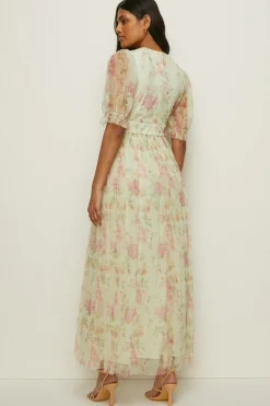 Sale Oasis Floral Button Detail Mesh Maxi Dress Sage