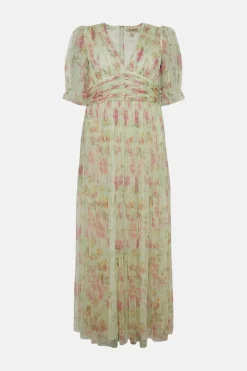 Sale Oasis Floral Button Detail Mesh Maxi Dress Sage