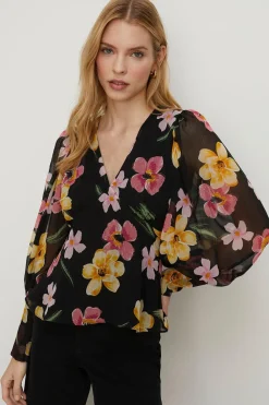 Sale Oasis Floral Chiffon Long Sleeve Top Black