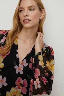 Sale Oasis Floral Chiffon Long Sleeve Top Black