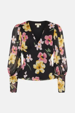 Sale Oasis Floral Chiffon Long Sleeve Top Black
