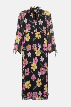 Best Oasis Floral Chiffon Pleated Long Sleeve Midi Dress Black