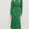 Online Oasis Floral Crinkle Crochet Insert Tier Midi Dress Green