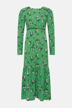 Online Oasis Floral Crinkle Crochet Insert Tier Midi Dress Green