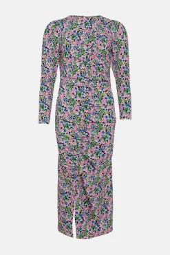 Hot Oasis Floral Crinkle Gathered Front Detail Midi Dress Pink