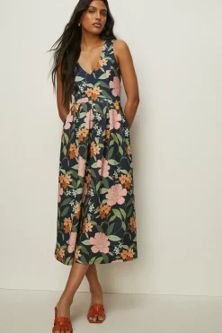 Clearance Oasis Floral Cross Back Scuba Midi Dress Navy