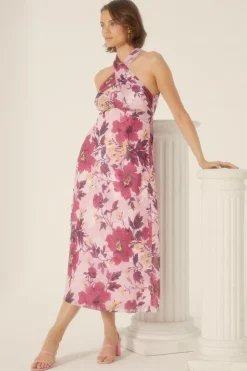 Clearance Oasis Floral Cross Neck Halter Satin Midi Dress