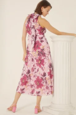 Clearance Oasis Floral Cross Neck Halter Satin Midi Dress