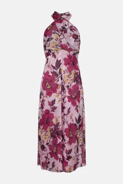 Clearance Oasis Floral Cross Neck Halter Satin Midi Dress