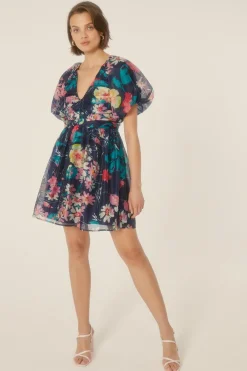 Discount Oasis Floral Daisy Organza V Neck Skater Dress Navy