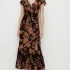 Clearance Oasis Floral Devore Ruffle V Neck Midaxi Dress Berry