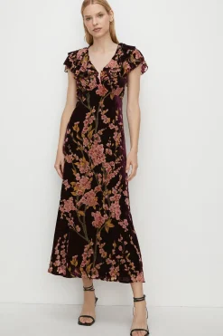 Clearance Oasis Floral Devore Ruffle V Neck Midaxi Dress Berry