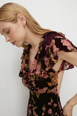 Clearance Oasis Floral Devore Ruffle V Neck Midaxi Dress Berry
