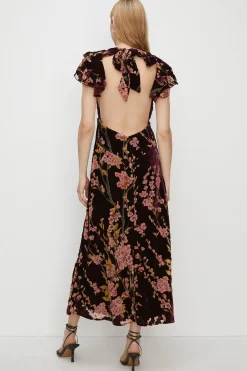 Clearance Oasis Floral Devore Ruffle V Neck Midaxi Dress Berry