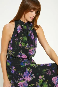Outlet Oasis Floral Dobby Chiffon Halter Midi Dress Black