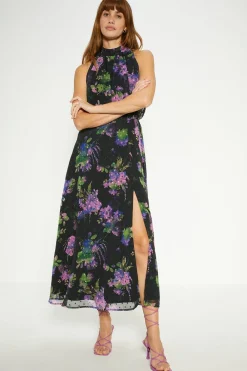 Outlet Oasis Floral Dobby Chiffon Halter Midi Dress Black