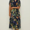 Fashion Oasis Floral Dobby Chiffon Lace V Neck Midi Dress Navy