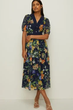 Fashion Oasis Floral Dobby Chiffon Lace V Neck Midi Dress Navy