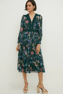 Online Oasis Floral Dobby Chiffon Lace V Neck Midi Dress Forest