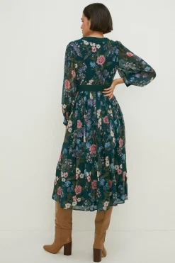 Online Oasis Floral Dobby Chiffon Lace V Neck Midi Dress Forest