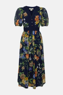 Fashion Oasis Floral Dobby Chiffon Lace V Neck Midi Dress Navy