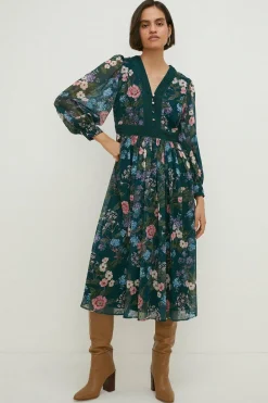 Online Oasis Floral Dobby Chiffon Lace V Neck Midi Dress Forest