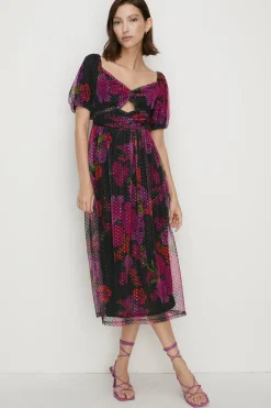 Clearance Oasis Floral Dobby Mesh Puff Sleeve Midi Dress Black