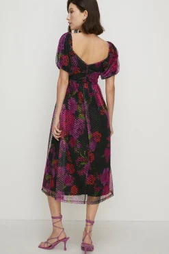 Clearance Oasis Floral Dobby Mesh Puff Sleeve Midi Dress Black