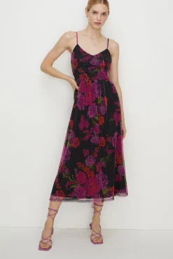 Hot Oasis Floral Dobby Mesh Strappy Midi Dress Green