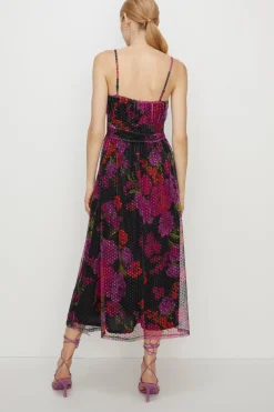Hot Oasis Floral Dobby Mesh Strappy Midi Dress Green