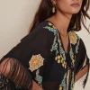 Fashion Oasis Floral Embroidered Fringed Kaftan Black