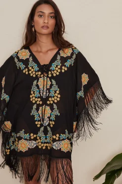 Fashion Oasis Floral Embroidered Fringed Kaftan Black