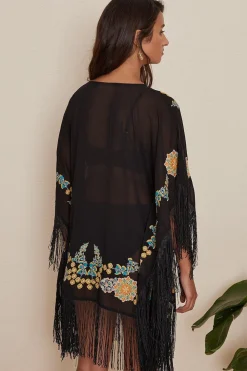 Fashion Oasis Floral Embroidered Fringed Kaftan Black