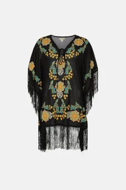 Fashion Oasis Floral Embroidered Fringed Kaftan Black