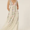 Hot Oasis Floral Embroidered Plunge Maxi Dress Ivory