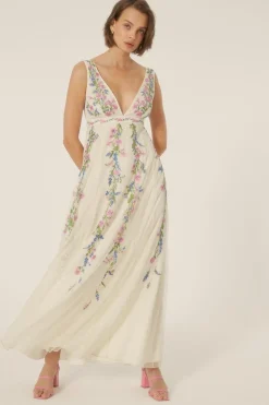 Hot Oasis Floral Embroidered Plunge Maxi Dress Ivory