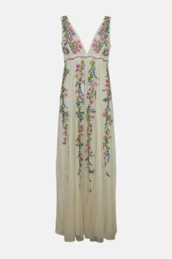 Hot Oasis Floral Embroidered Plunge Maxi Dress Ivory