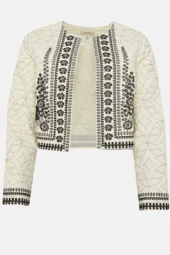 Hot Oasis Floral Embroidered Poplin Quilted Jacket Ivory