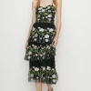 Best Oasis Floral Embroidered Tiered Strappy Midi Dress Black
