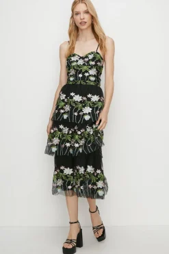 Best Oasis Floral Embroidered Tiered Strappy Midi Dress Black