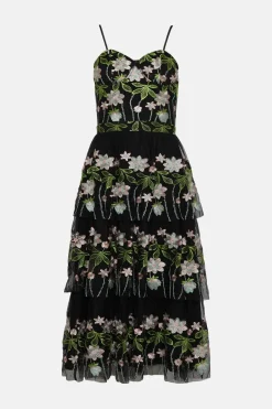 Best Oasis Floral Embroidered Tiered Strappy Midi Dress Black