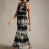 Discount Oasis Floral Embroidered Tulle Tiered Halter Midi Dress Navy