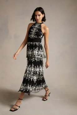 Discount Oasis Floral Embroidered Tulle Tiered Halter Midi Dress Navy