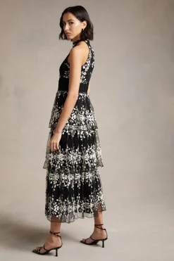 Discount Oasis Floral Embroidered Tulle Tiered Halter Midi Dress Navy